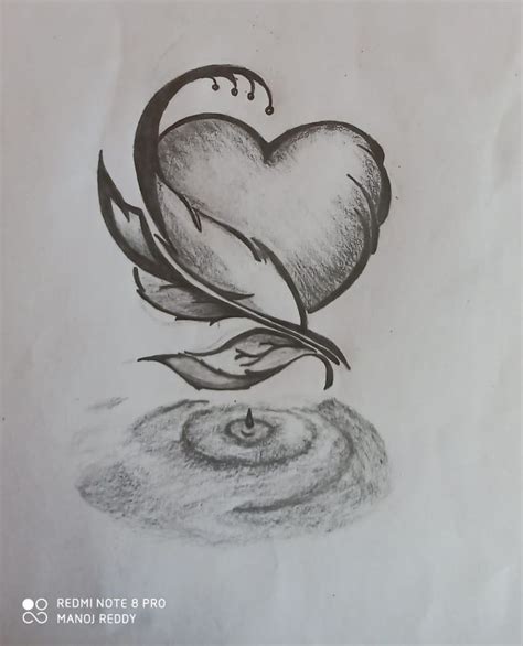 a pencil drawing of a heart with a flower on it's side and a leaf in ...