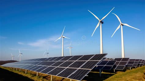 Solar Panels With Wind Turbines Generating Electricity Stock