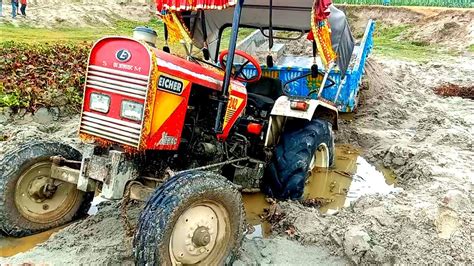 Mud Loaded Tractor Stuck In Mud Pulling Out Jcb 3dx EICHER 242