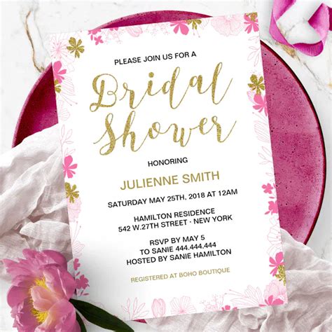 Gold And Pink Floral Bridal Shower Invitations Zazzle