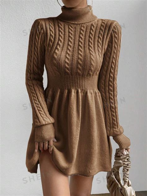 SHEIN Privé Turtleneck Cable Knit Sweater Dress SHEIN USA