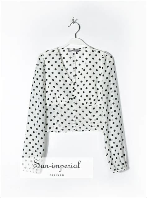 Women White Long Sleeve Bodycon Polka Dot Buttoned Blouse With Deep V