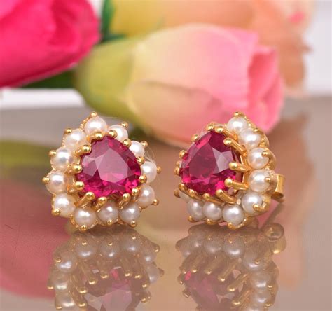 Ruby And Pearl Earringsheart Shape Earringsbridal Ruby Earrings