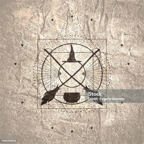 Broomsticks Witch Hat And Caldron Mystical Vintage Gothic Geometry Halloween Symbol Stock