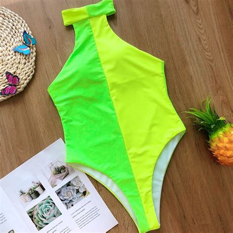 Sexy Neon Green Patchwork Bikini Bodysuit High Cut Swimwear Hot Sex