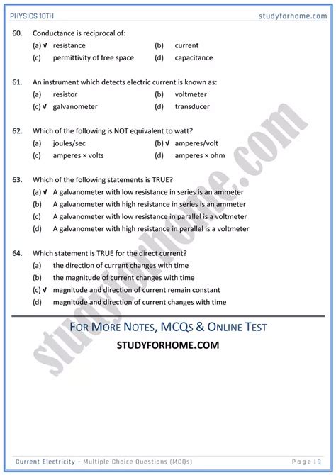 Current Electricity MCQs Physics 10th