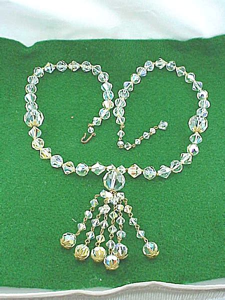 Vintage Long Aurora Borealis Crystal Glass Bead Necklace With Tassel