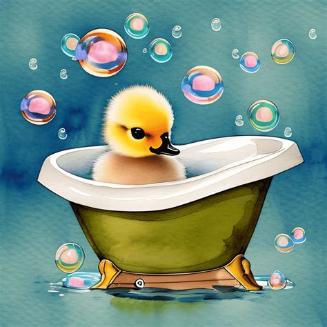 Baby Duck in Bathtub with Bubbles · Creative Fabrica