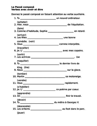 Passé Composé All Verbs French Worksheet 6 Teaching Resources