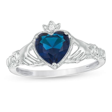 70mm Heart Shaped Lab Created Blue Sapphire And Diamond Accent Claddagh Ring In Sterling Silver