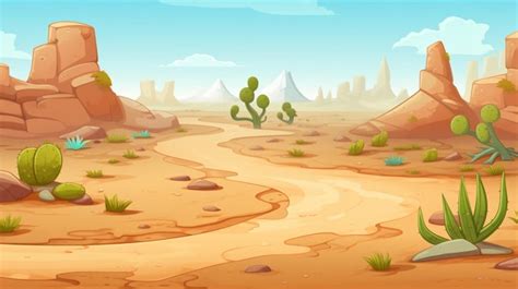 Una Ilustración De Dibujos Animados Del Desierto Con Paisaje Desértico Y Cactus Vector Premium