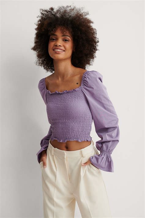 Square Neck Smock Detail Top Purple Purple Long Sleeve Tops Puffy