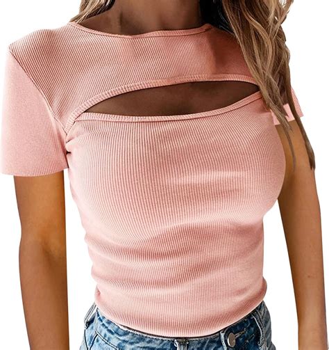 Cut Out T Shirt Sommer Stricken Oberteile Damen Bluse Mit Halsband