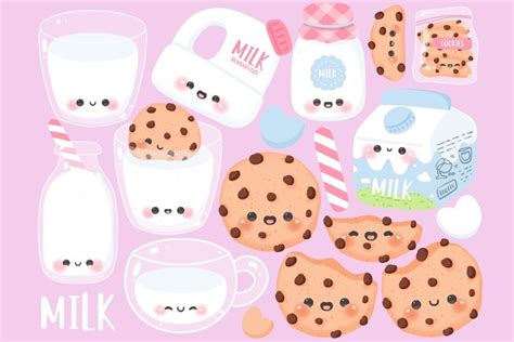 Cute Kawaii Printable Chibi Milk And Cookies Pink Clipart