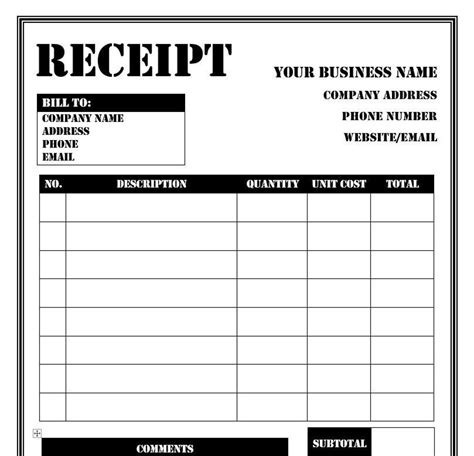 Receipt Template 4 Printable Editable Customizable Microsoft Word Template Black And White Etsy