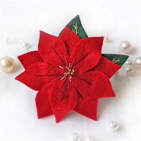 Red Poinsettia Christmas Brooch Hand Embroidered Felt Flower Winter