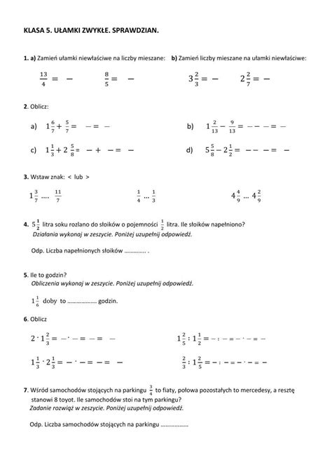 4537364 Klasa 5 Ułamki Zwykłe Sprawdzian Sylwia O