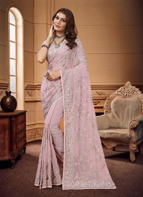 Buy Dusty Pink Faux Georgette Embroidered Saree Party Wear Online At