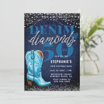 Denim Diamonds Cowgirl Boot Rustic Th Birthday Invitation Zazzle