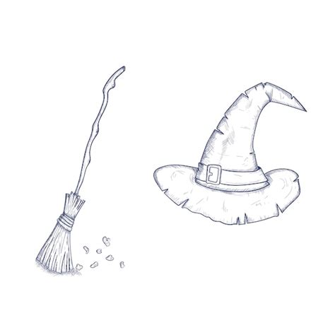 Premium Vector Sketch Halloween Witch Broom And Hat