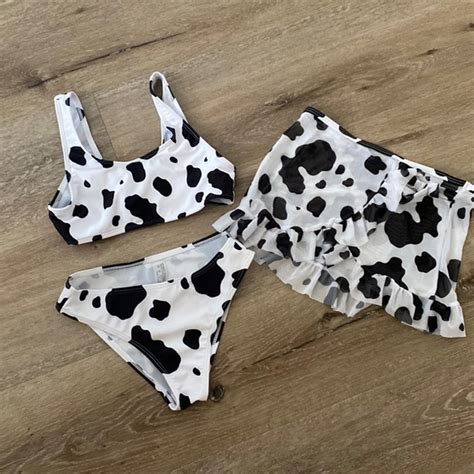 SHEIN Swim Shein Girls Cow Print Bikini With Cover Up Skirt Size