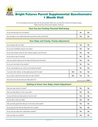 Bright Futures Parent Supplemental Questionnaire 1 Month Visit