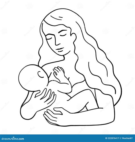 Beautiful Woman Breastfeeding Baby Line Trendy Art Vector