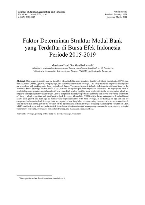 Pdf Faktor Determinan Struktur Modal Bank Yang Terdaftar Di Bursa