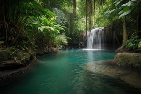 Tropical Waterfall Cascading into a Tranquil Pool of Water Stock Illustration - Illustration of ...