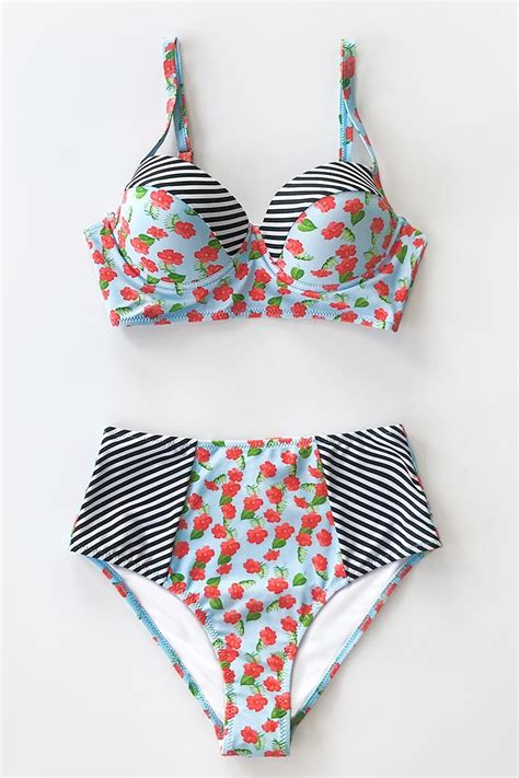 Floral And Stripe High Waisted Bikini With Molded Cups
