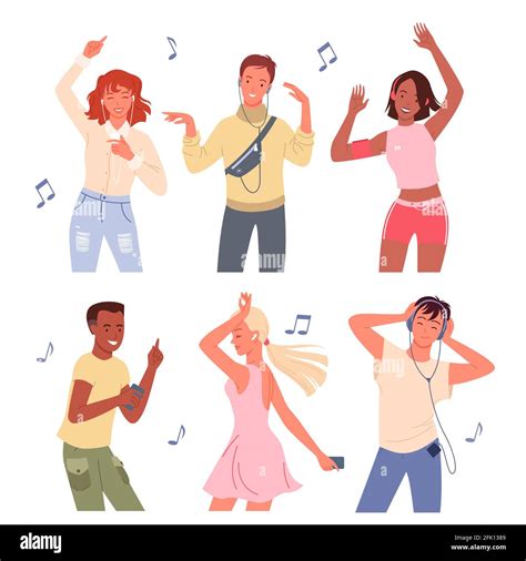 Cartoon Young Happy Man And Woman Group Of Dancer Characters Listen To