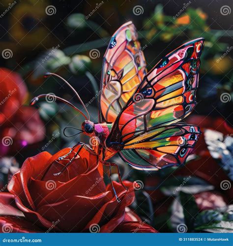 Butterfly On A Red Rose In A Vase Of Flowers Stock Illustration