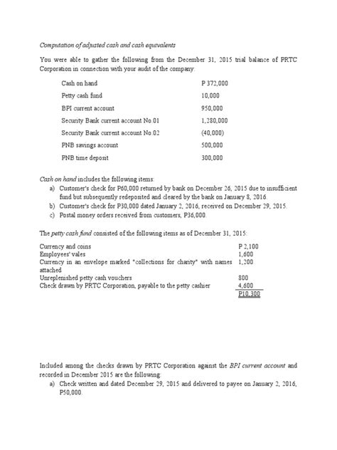 Computation Of Adjusted Cash And Cash Equivalents Pdf Cheque