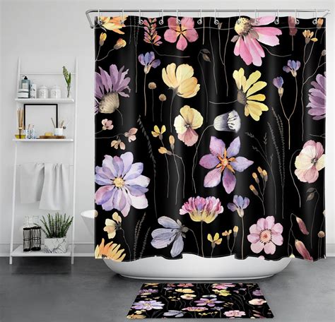 Chic Floral Shower Curtain With Bold Yellow And Purple Accents