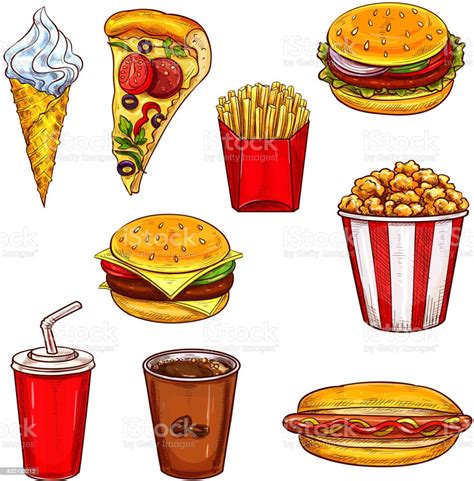 Fast Food Sketch Set With Burger Drink Dessert Stock Illustration