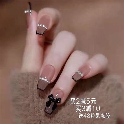 Clear Korean Jelly Nails Black Bow Gem Charm Silver Cute Brown Unhas