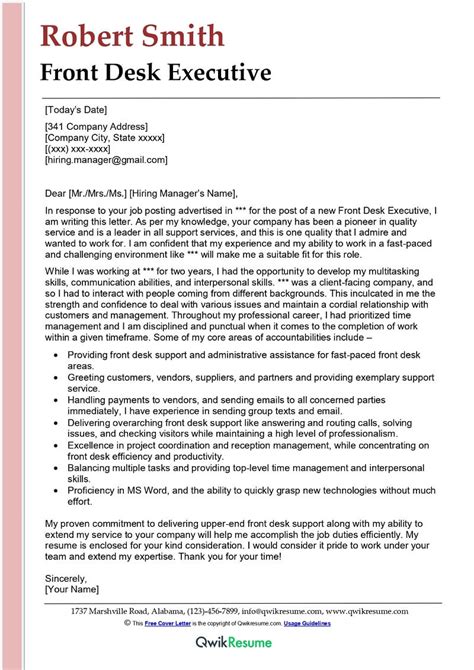 Front Desk Executive Cover Letter Examples Qwikresume