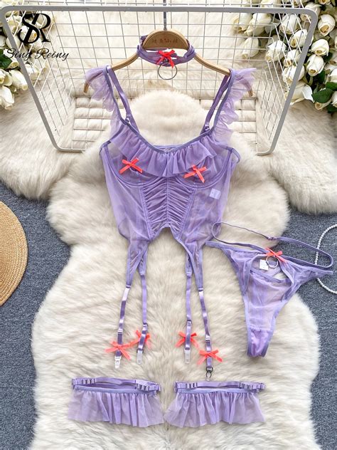SINGREINY Bow Mesh Sheer Erotic Lingerie Piece Suits Ruched Ruffles Shapewear Party Outfit