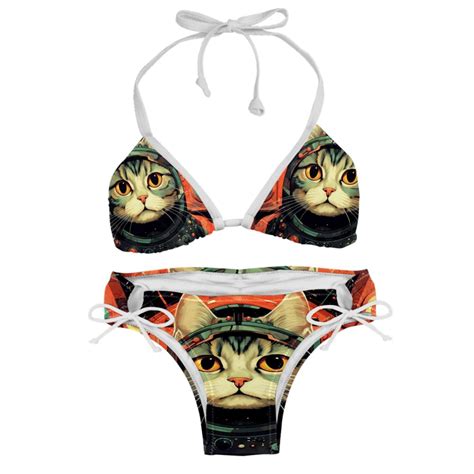 Retro Cat Swim Wear Bikini Set With Detachable Sponge Adjustable Strap Two Pack For Versatile