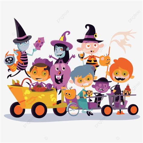 Halloween Parade Vector, Sticker Clipart Colorful Halloween Car With Children Costumes Riding It ...