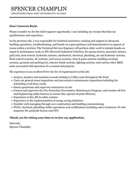 Chief Engineer Cover Letter Velvet Jobs