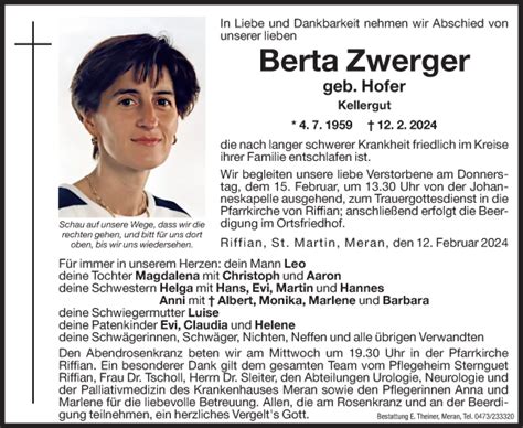 Traueranzeigen Von Berta Zwerger Trauer Bz