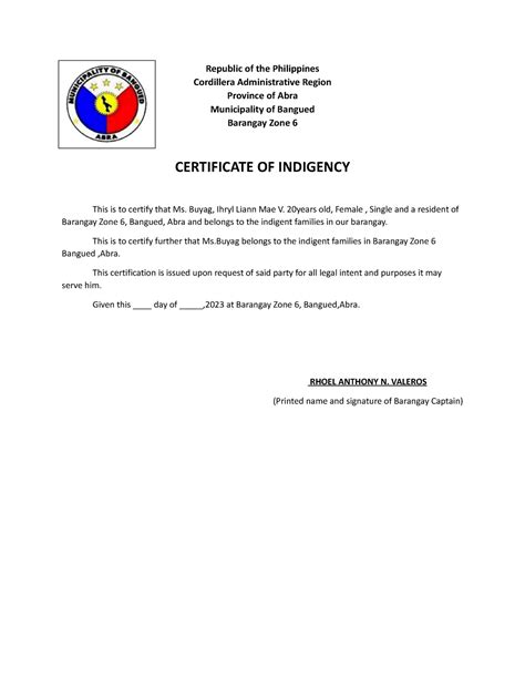 Indigency Cert Republic Of The Philippines Cordillera Administrative