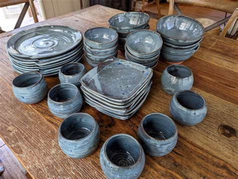 Handmade Pottery Dinnerware Set Blue Eclectic Stoneware Pottery Dinnerware Set For Eight