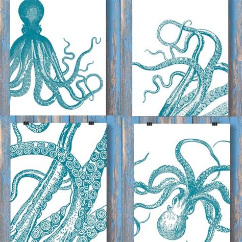 Octopus Prints Black White Tentacles Kraken Nautical Art Etsy