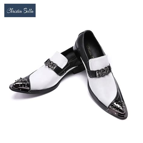 Christia Bella Mens Flats Fashion Brand Designer Dress Shoes Black And White Chain Casual Shoes