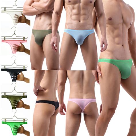 Mens Ice Silk Briefs G String Thongs Sexy Sheer Underwear T Back