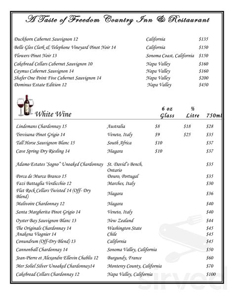 A Taste Of Freedom menu in Tottenham, Ontario, Canada