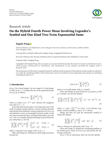 Pdf On The Hybrid Fourth Power Mean Involving Legendres Symbol And