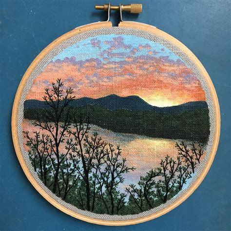 Embroidered Landscape Art Mixed Media Lake Scene 5 Hoop Etsy In 2020